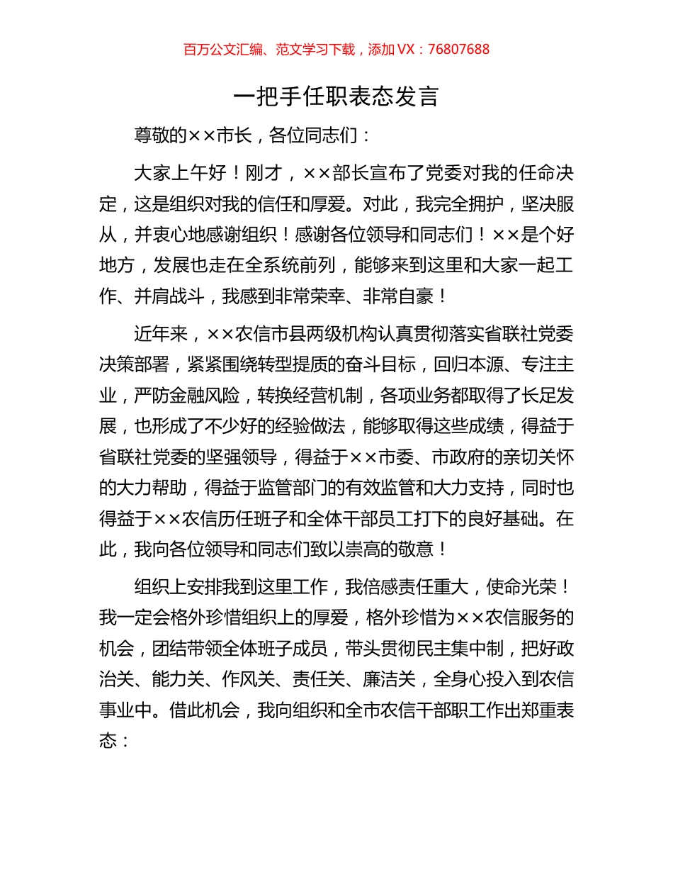 一把手任职表态发言.docx_第1页