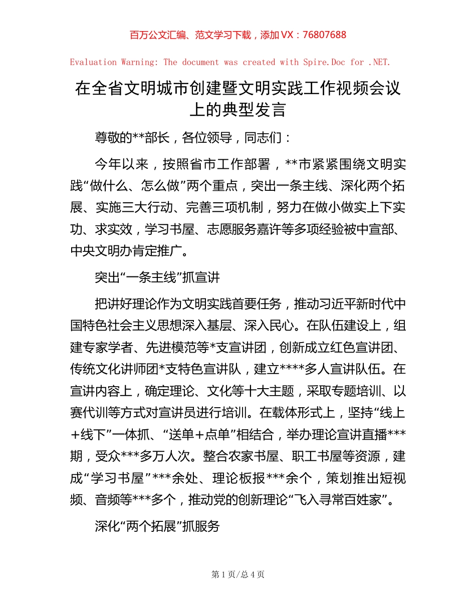 在全省文明城市创建暨文明实践工作视频会议上的典型发言【稿子汇】.docx_第1页