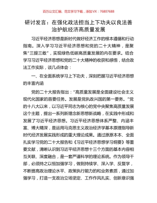 研讨发言：在强化政法担当上下功夫以良法善治护航经济高质量发展.docx