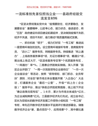 一流标准创先首位担当立业——县政府经验交流发言材料.docx