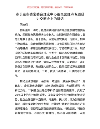 市长在市委常委会理论中心组民营经济专题研讨交流会上的讲话.docx
