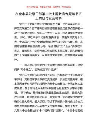 在全市县处级干部第二批主题教育专题读书班上的研讨发言材料.docx