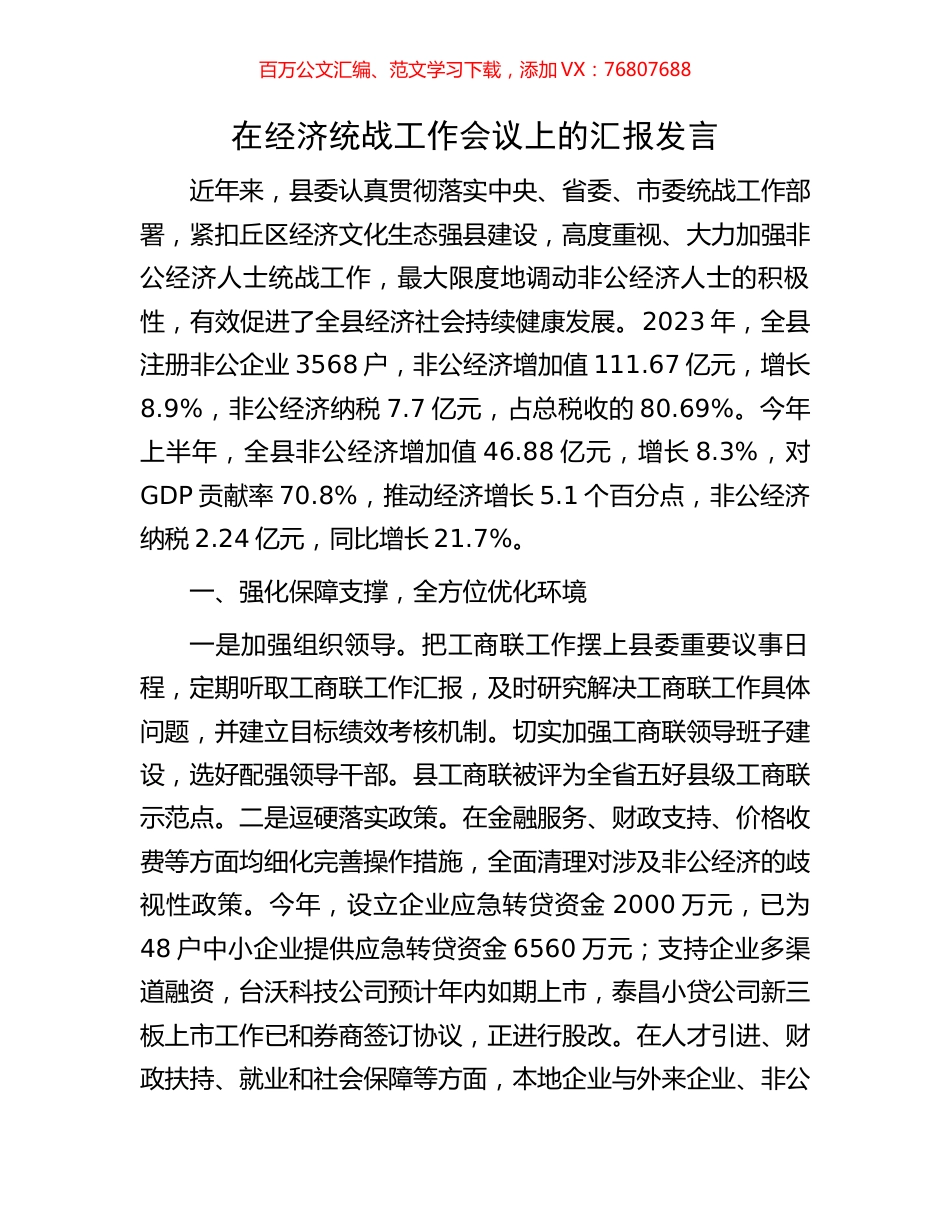 在经济统战工作会议上的汇报发言.docx_第1页