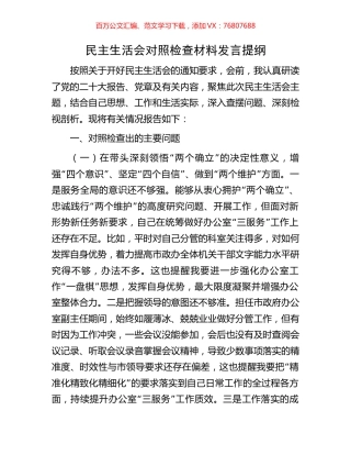 民主生活会对照检查材料发言提纲.docx