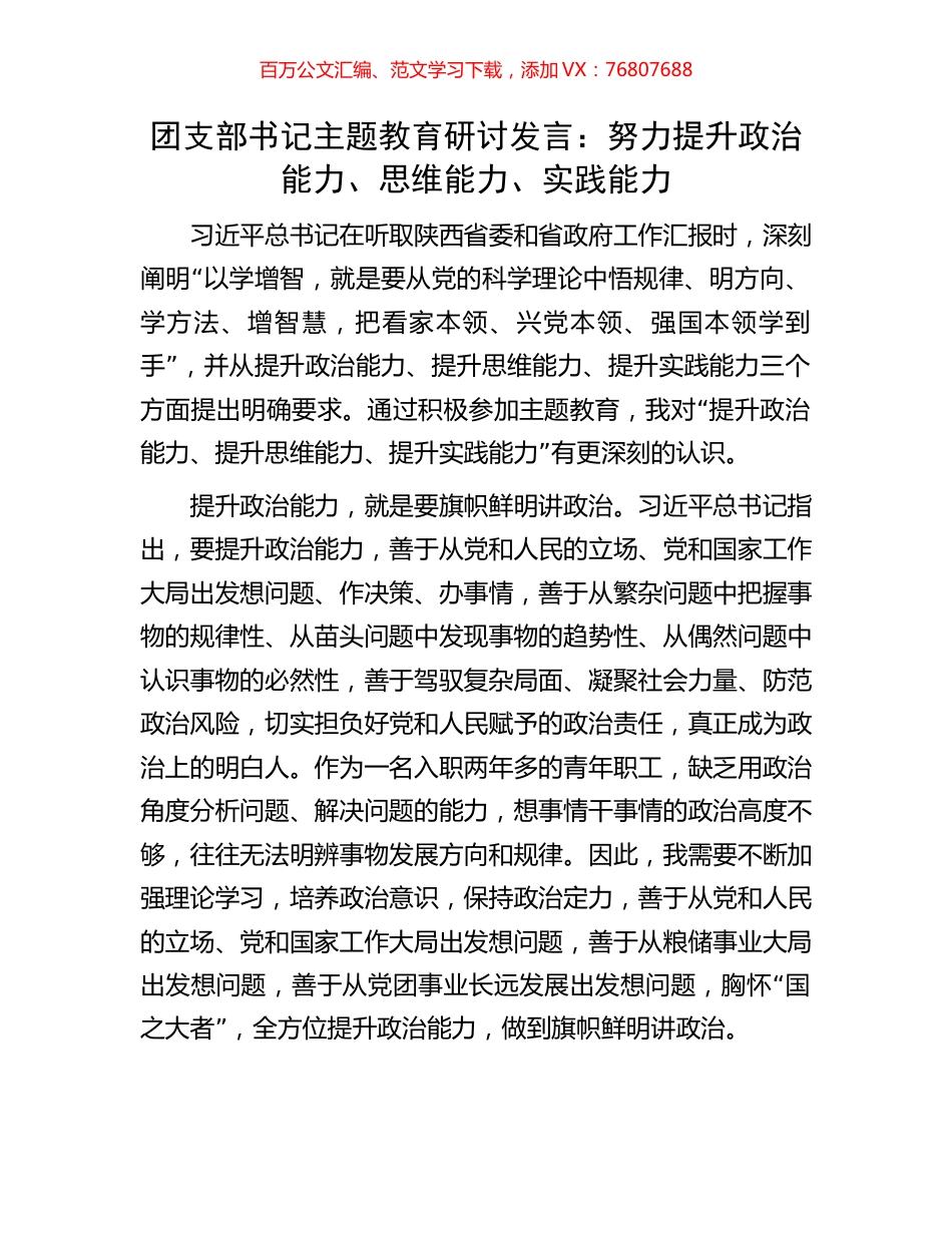 团支部书记主题教育研讨发言：努力提升政治能力、思维能力、实践能力.docx_第1页