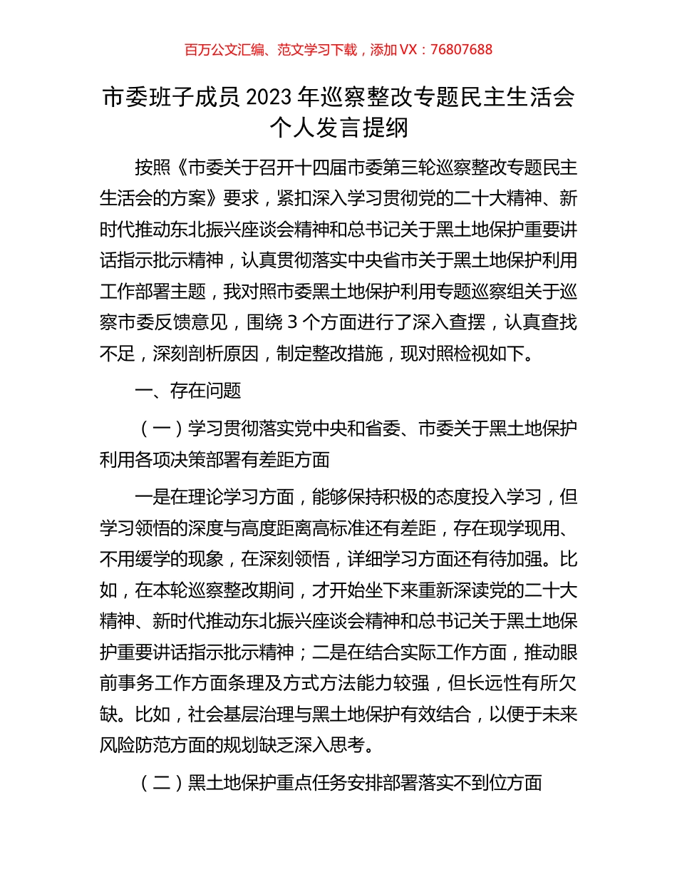 市委班子成员2023年巡察整改专题民主生活会个人发言提纲.docx_第1页