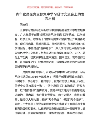 青年党员在党支部集中学习研讨交流会上的发言材料.docx