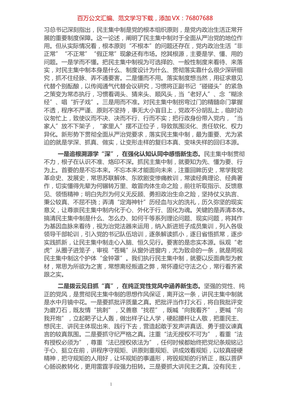 某市委领导班子成员关于贯彻民主集中制原则纯洁党内政治生活的研讨发言​​​​​​​​​​​​​​.docx_第1页