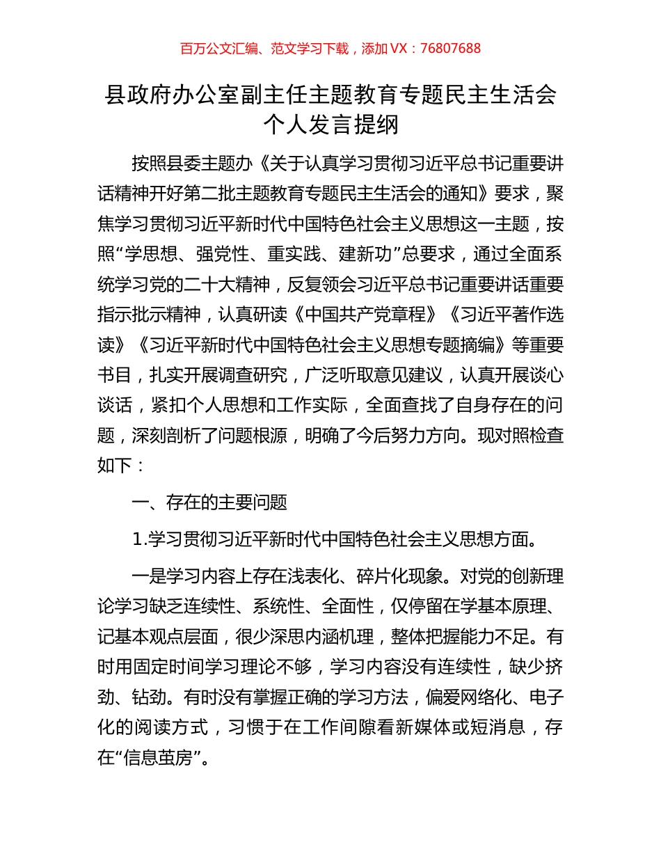 县政府办公室副主任主题教育专题民主生活会个人发言提纲.docx_第1页