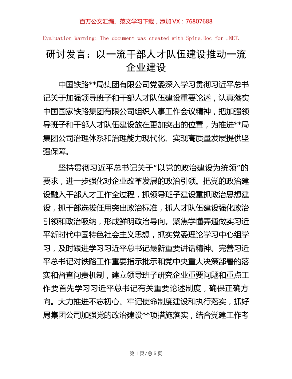 研讨发言：以一流干部人才队伍建设推动一流企业建设【稿子汇】.docx_第1页