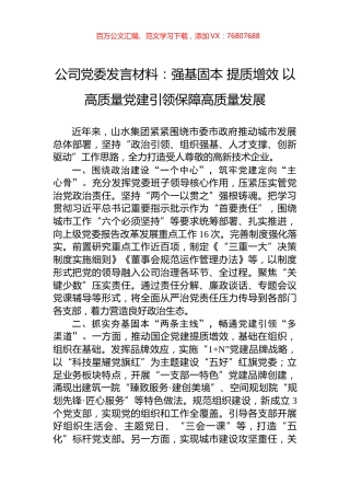 公司党委发言材料：强基固本+提质增效+以高质量党建引领保障高质量发展.docx