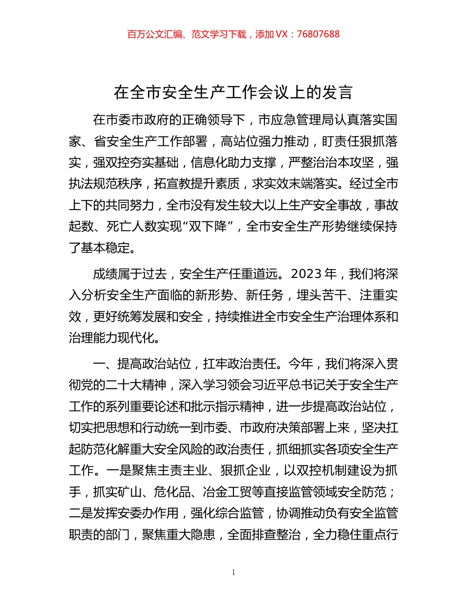 在全市安全生产工作会议上的发言.docx_第1页