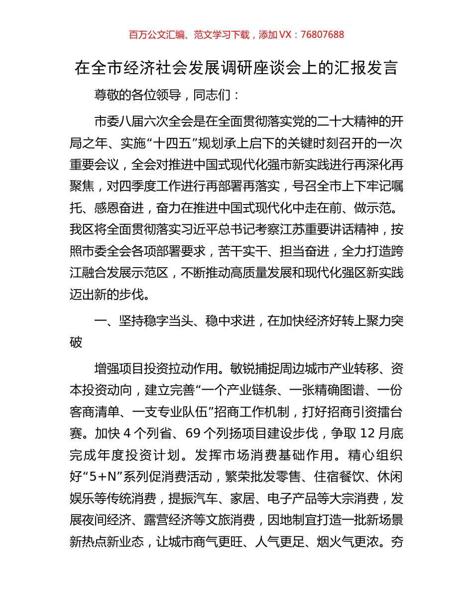 在全市经济社会发展调研座谈会上的汇报发言.docx_第1页