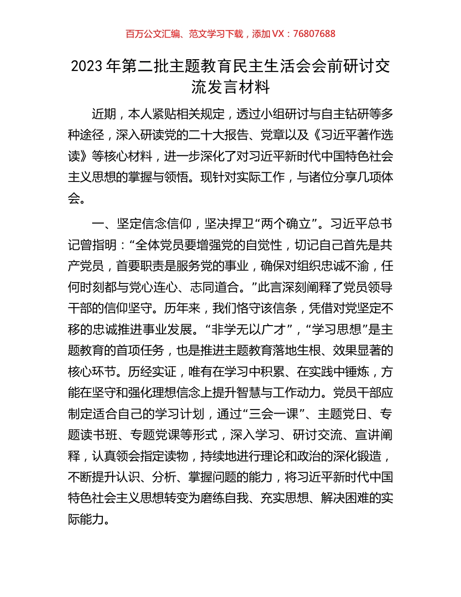 2023年第二批主题教育民主生活会会前研讨交流发言材料.docx_第1页