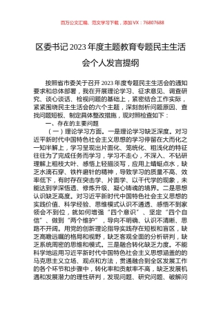 区委书记2023年度主题教育专题民主生活会个人发言提纲.docx