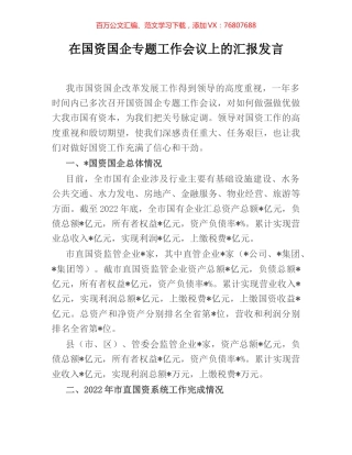 在国资国企专题工作会议上的汇报发言.docx