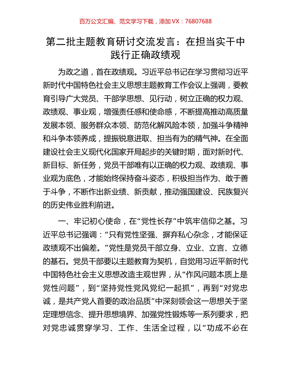 第二批主题教育研讨交流发言：在担当实干中践行正确政绩观.docx_第1页