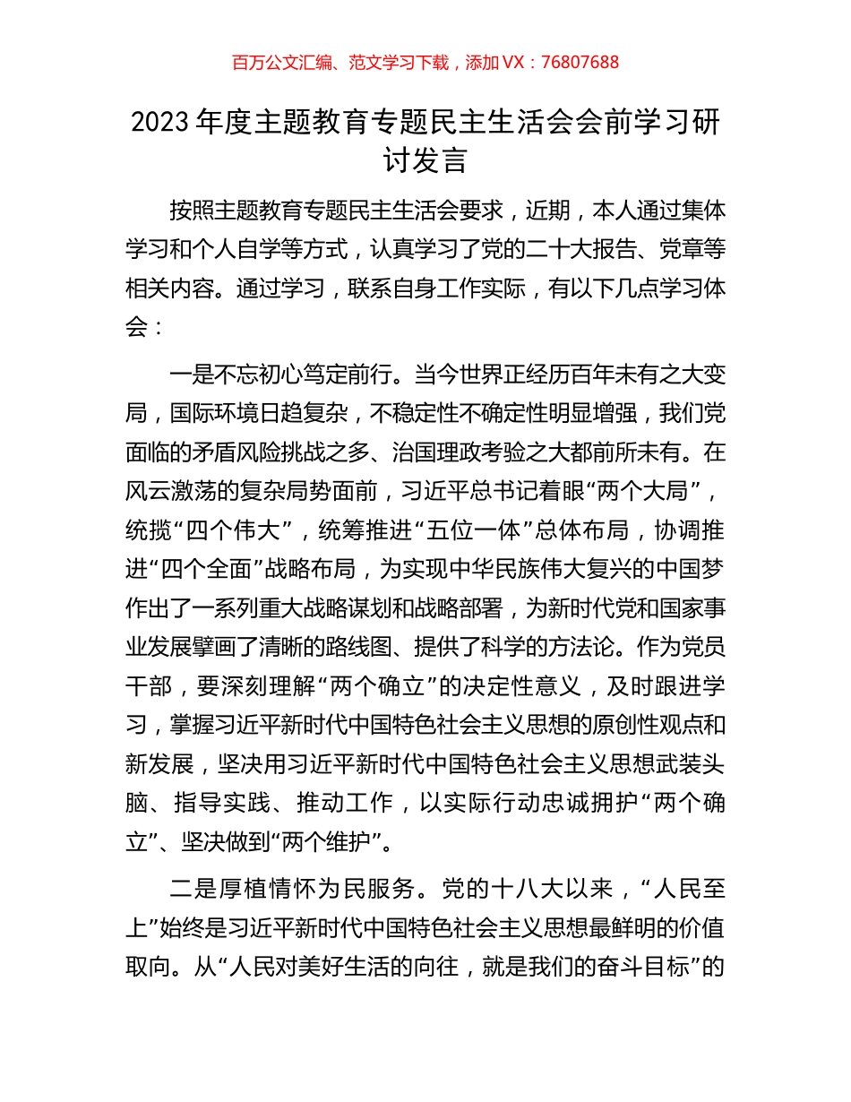 2023年度主题教育专题民主生活会会前学习研讨发言.docx_第1页