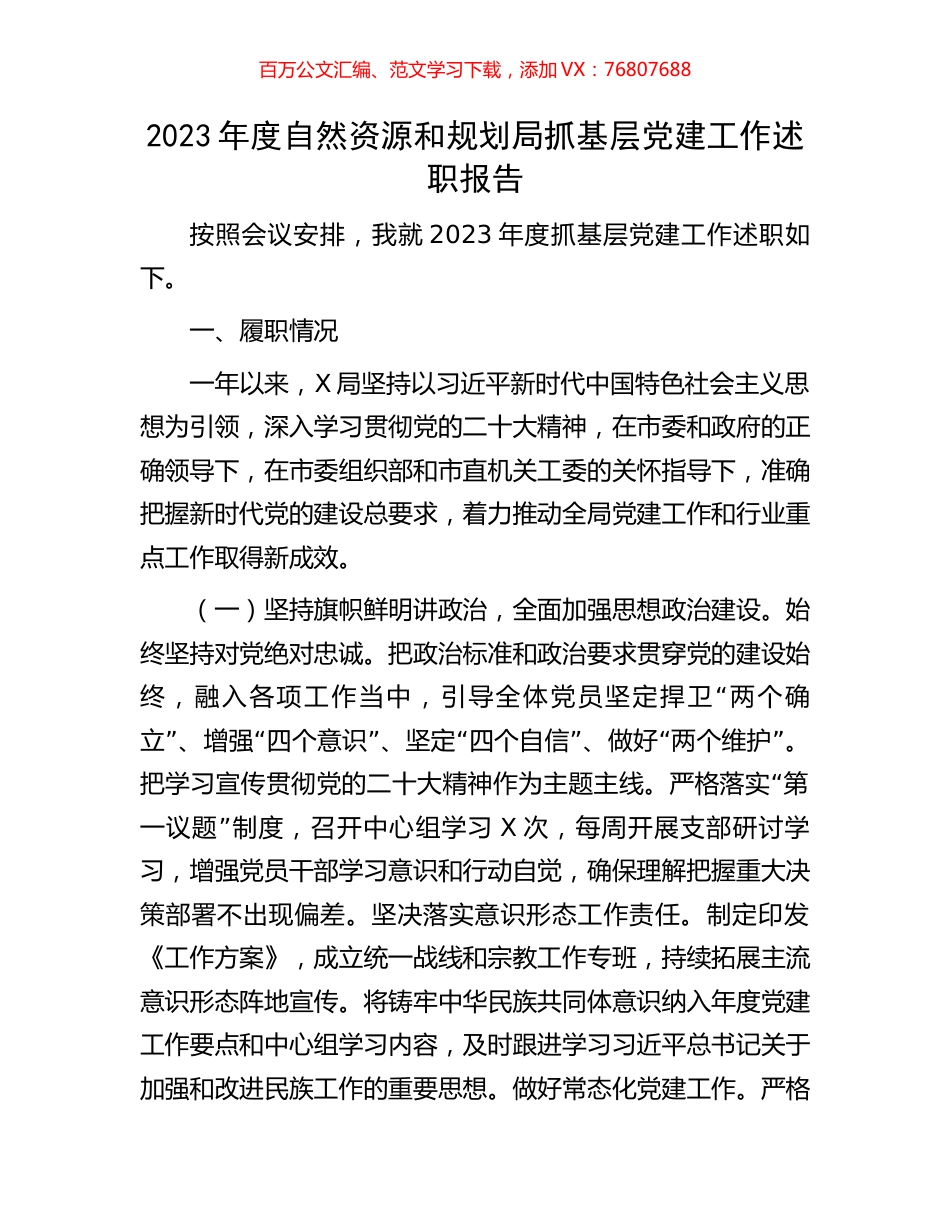 2023年度自然资源和规划局抓基层党建工作述职报告.docx_第1页