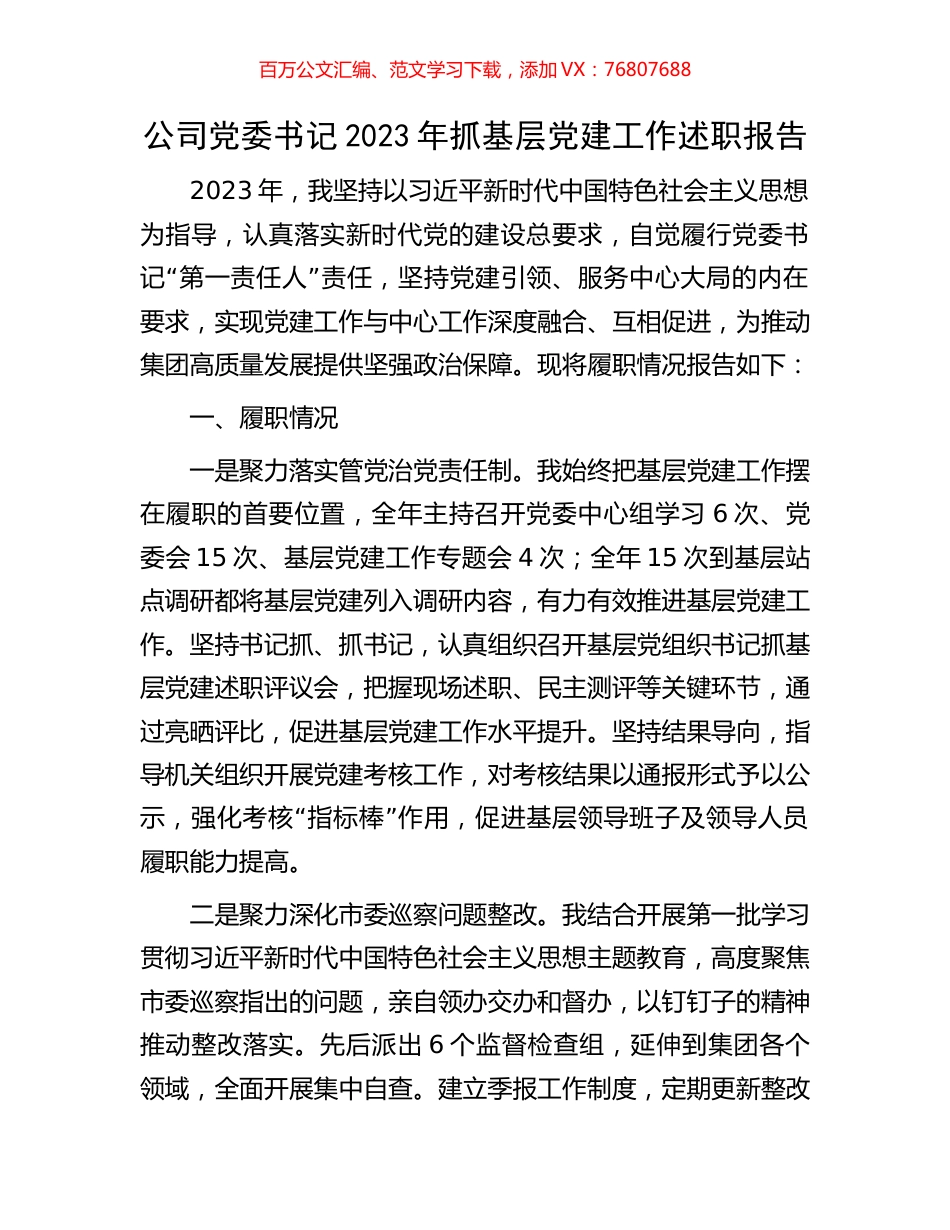公司党委书记2023年抓基层党建工作述职报告.docx_第1页