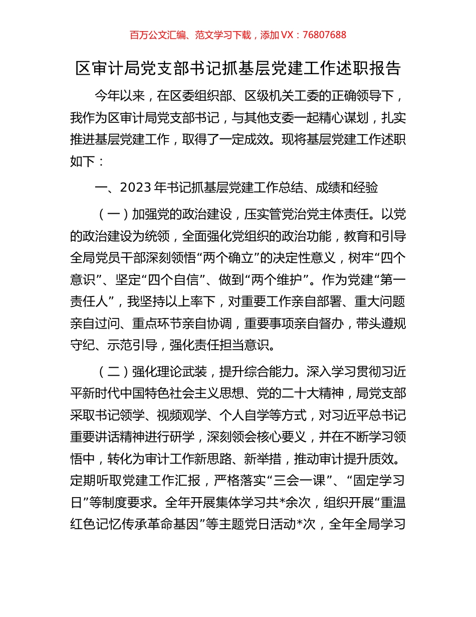 区审计局党支部书记抓基层党建工作述职报告.docx_第1页