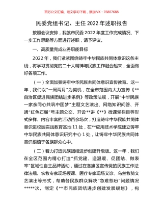 民委党组书记、主任2022年述职报告.docx