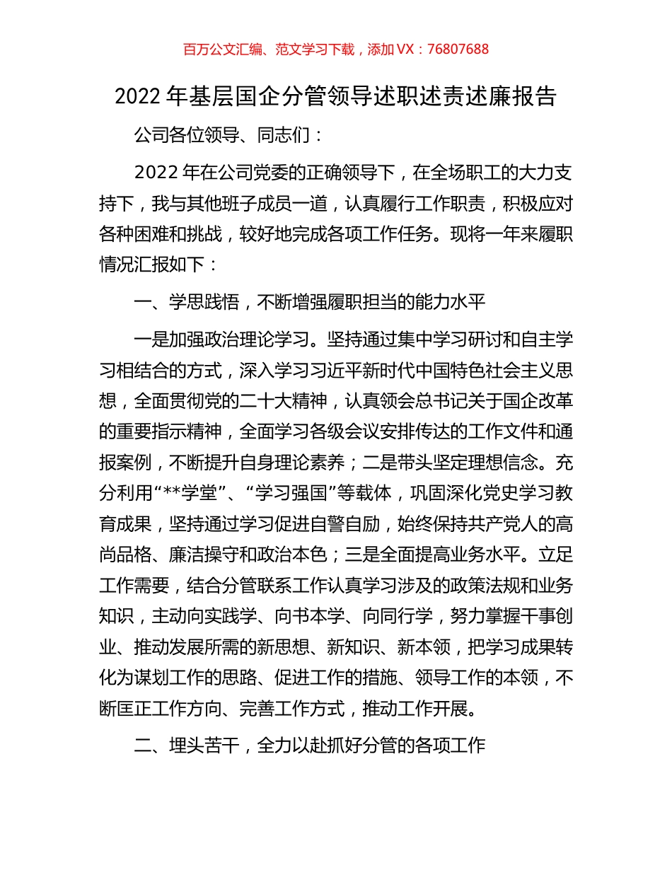 2022年基层国企分管领导述职述责述廉报告.docx_第1页