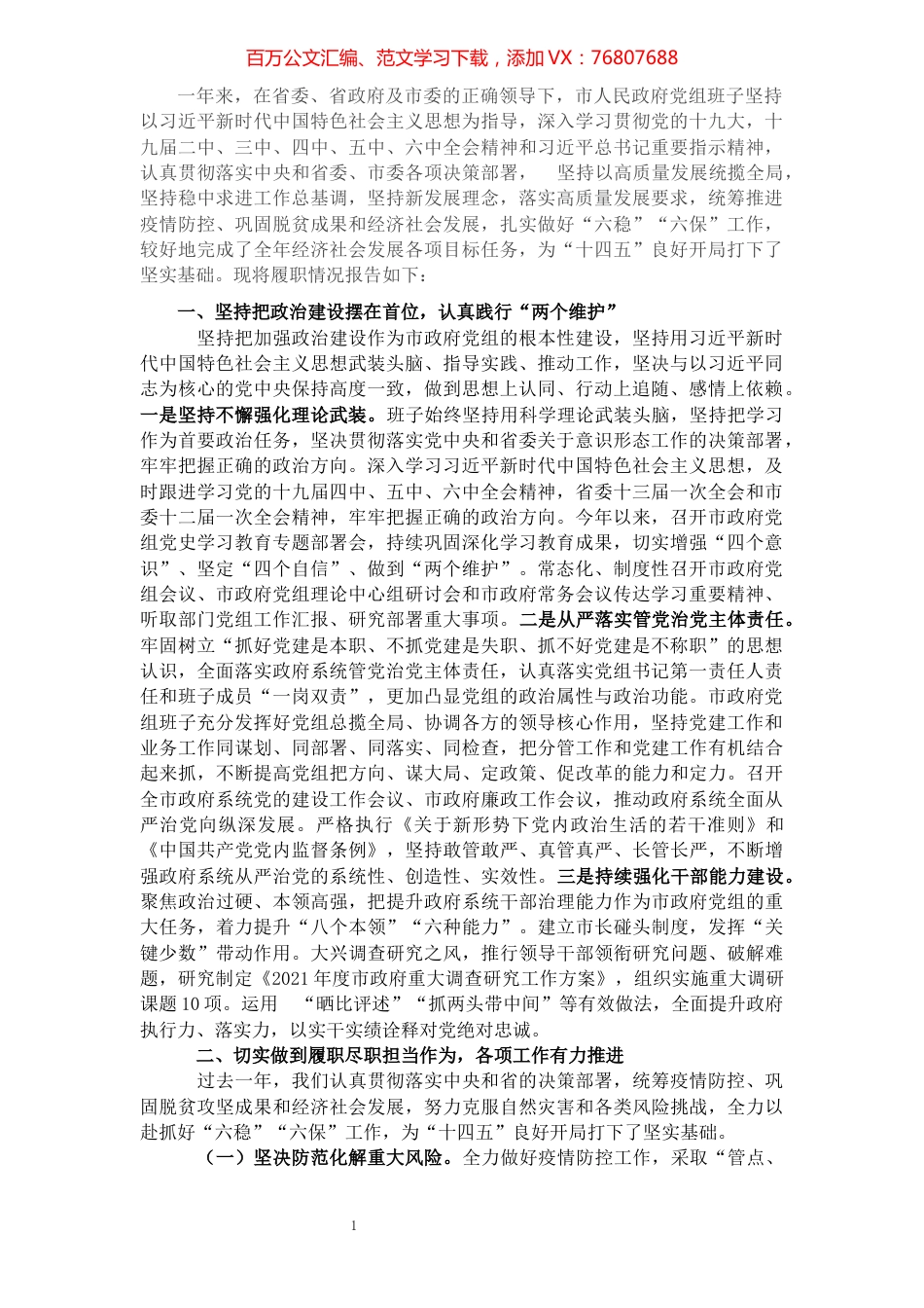 市政府党组班子2021年述职述廉报告.docx_第1页