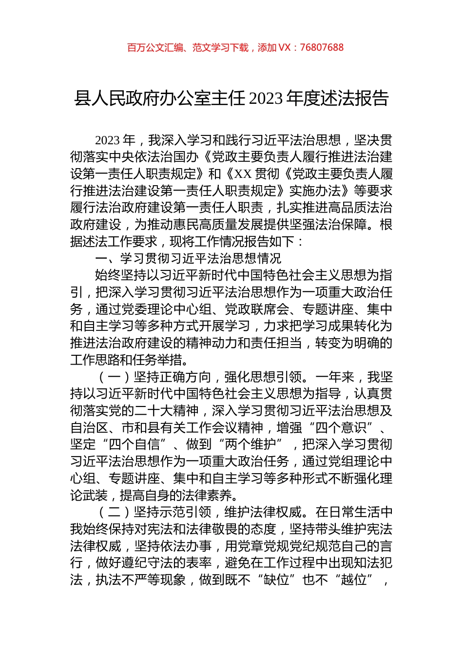 县人民政府办公室主任2023年度述法报告.docx_第1页