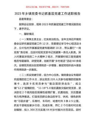 2023年乡镇党委书记抓基层党建工作述职报告.docx