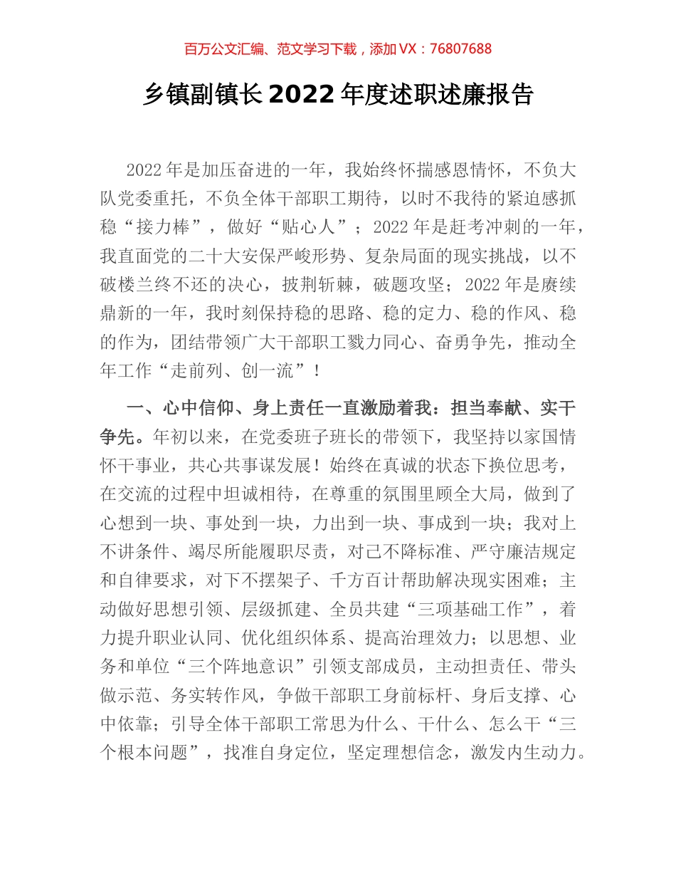 乡镇副镇长2022年度述职述廉报告.docx_第1页