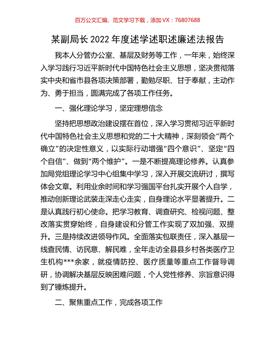 某副局长2022年度述学述职述廉述法报告.docx_第1页