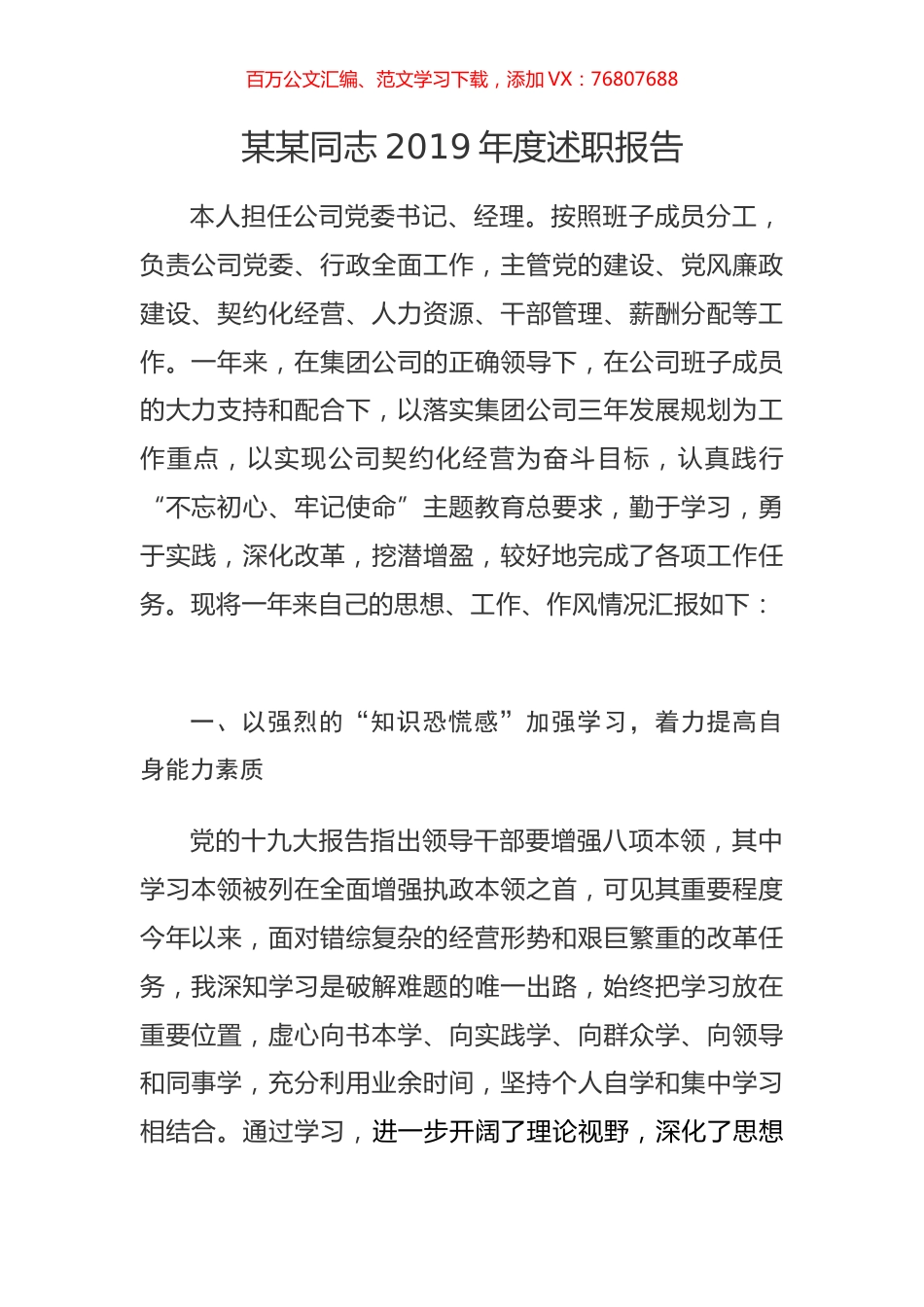 某某同志2019年度述职报告.doc_第1页