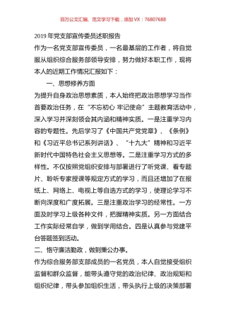 2019年党支部宣传委员述职报告.docx