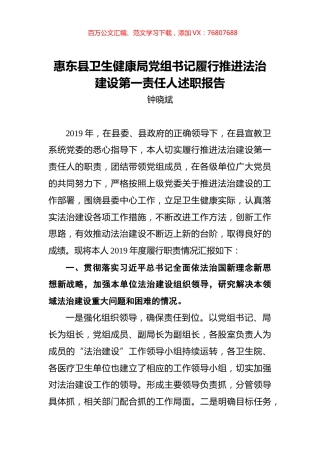 钟晓斌：惠东县卫生健康局党组书记履行推进法治建设第一责任人述职报告.docx