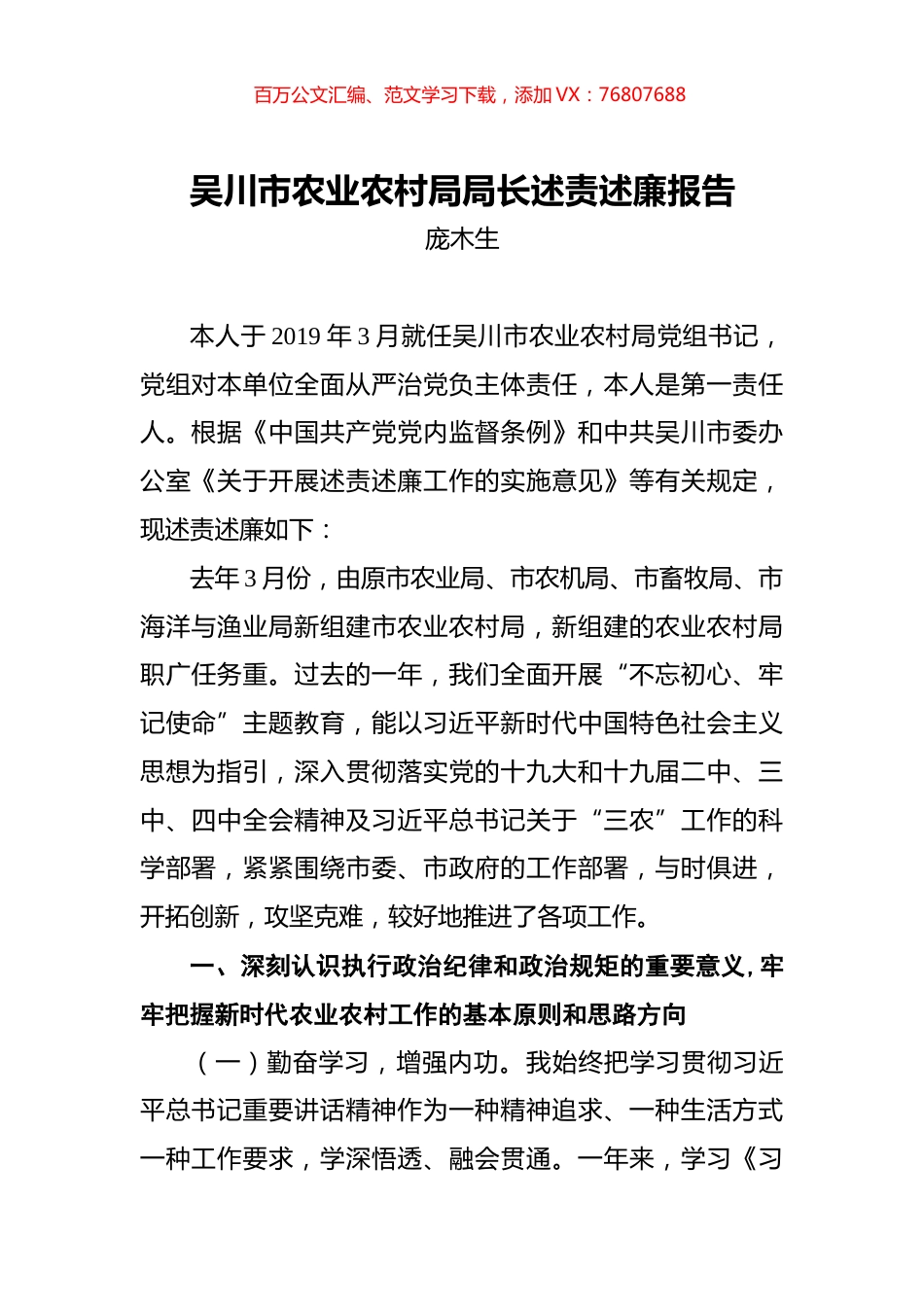 庞木生：吴川市农业农村局局长述责述廉报告.docx_第1页