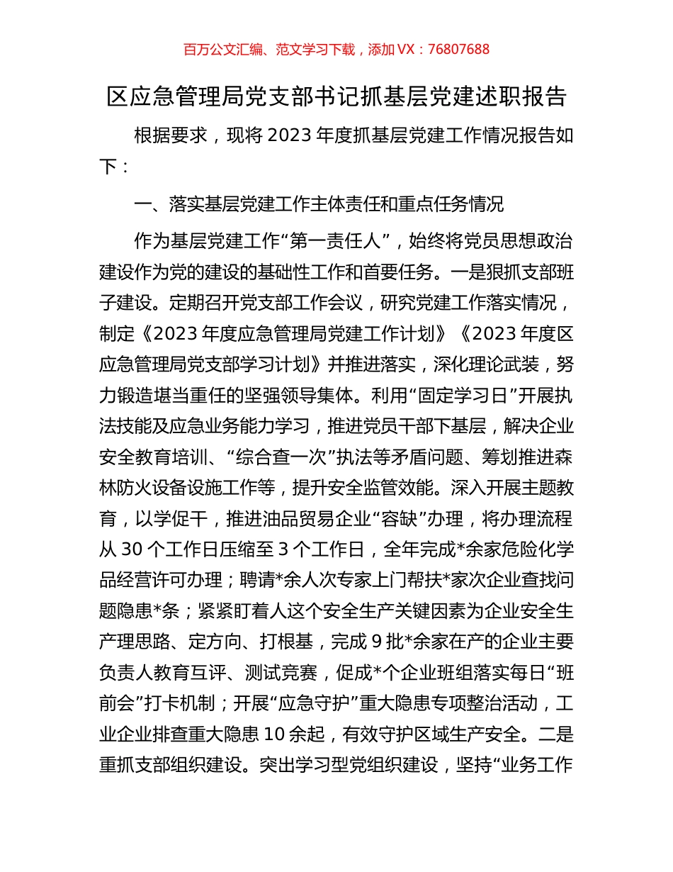 区应急管理局党支部书记抓基层党建述职报告.docx_第1页