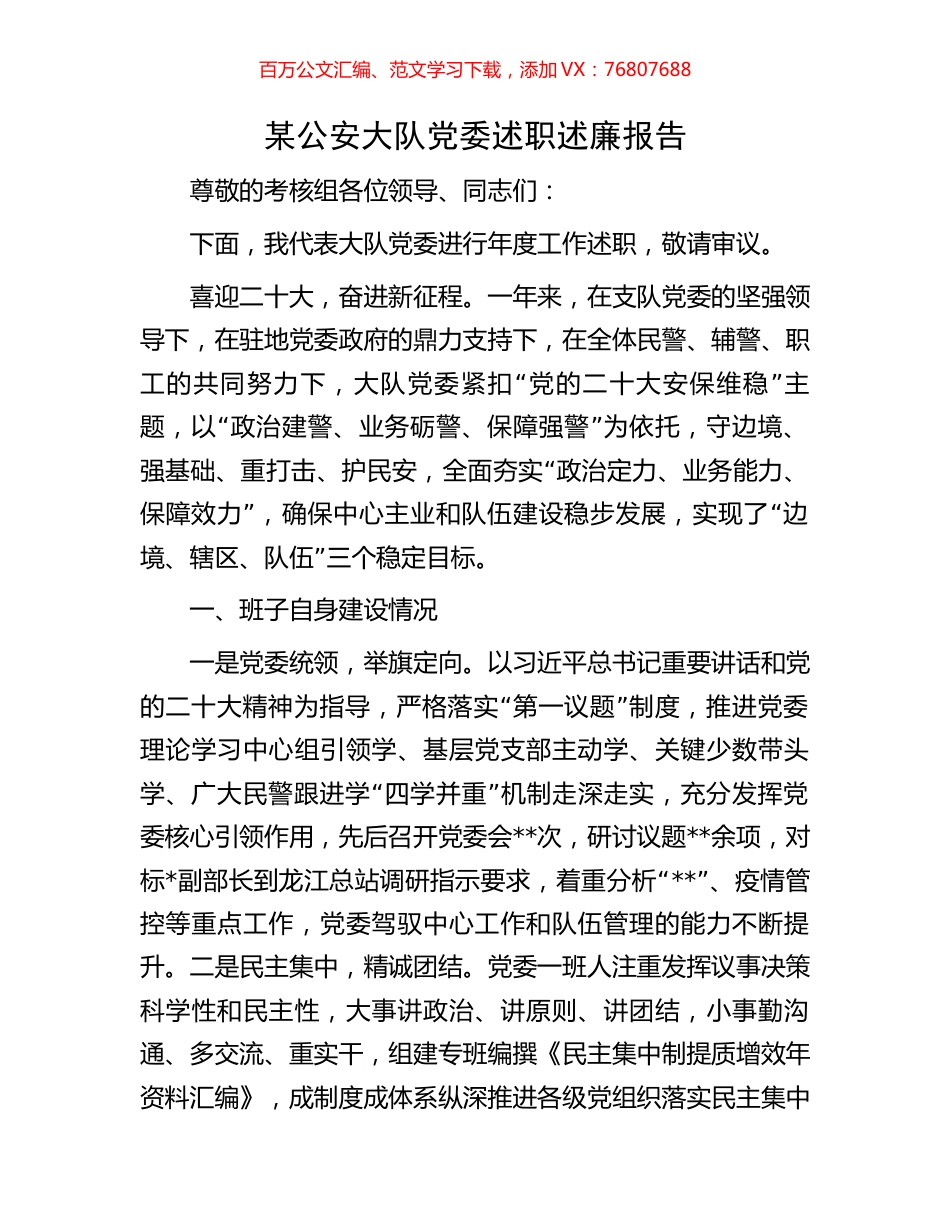 某公安大队党委述职述廉报告.docx_第1页