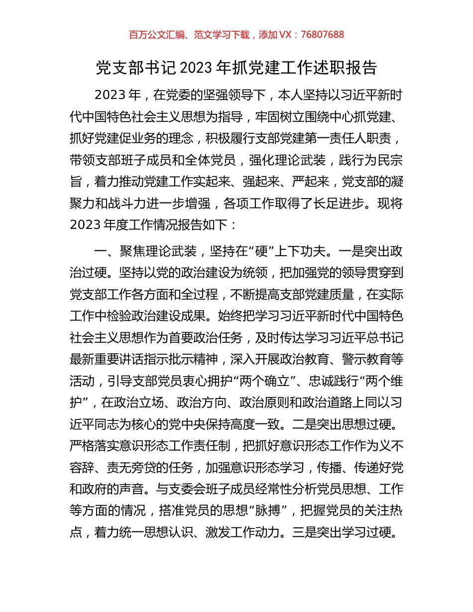党支部书记2023年抓党建工作述职报告.docx_第1页