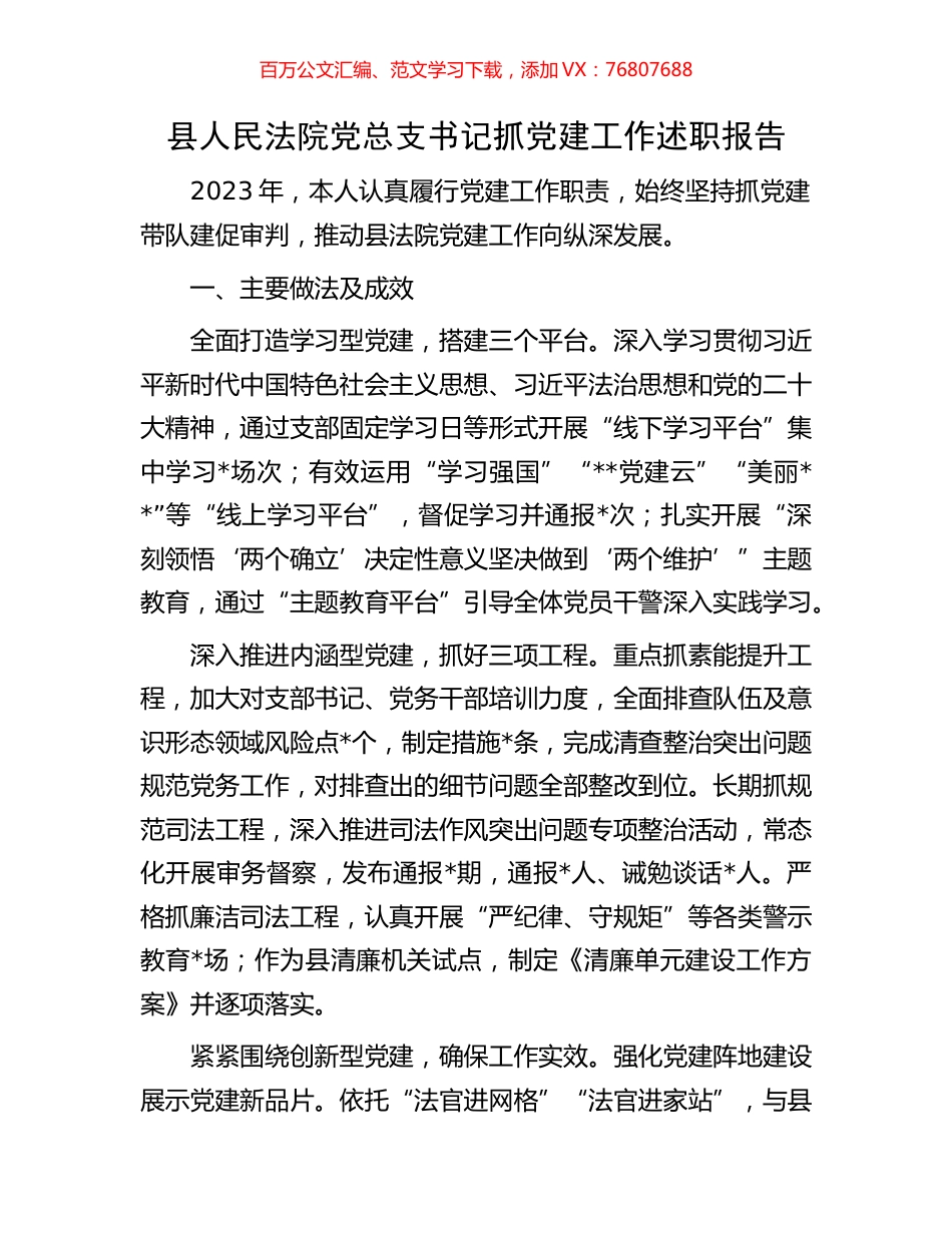 县人民法院党总支书记抓党建工作述职报告.docx_第1页