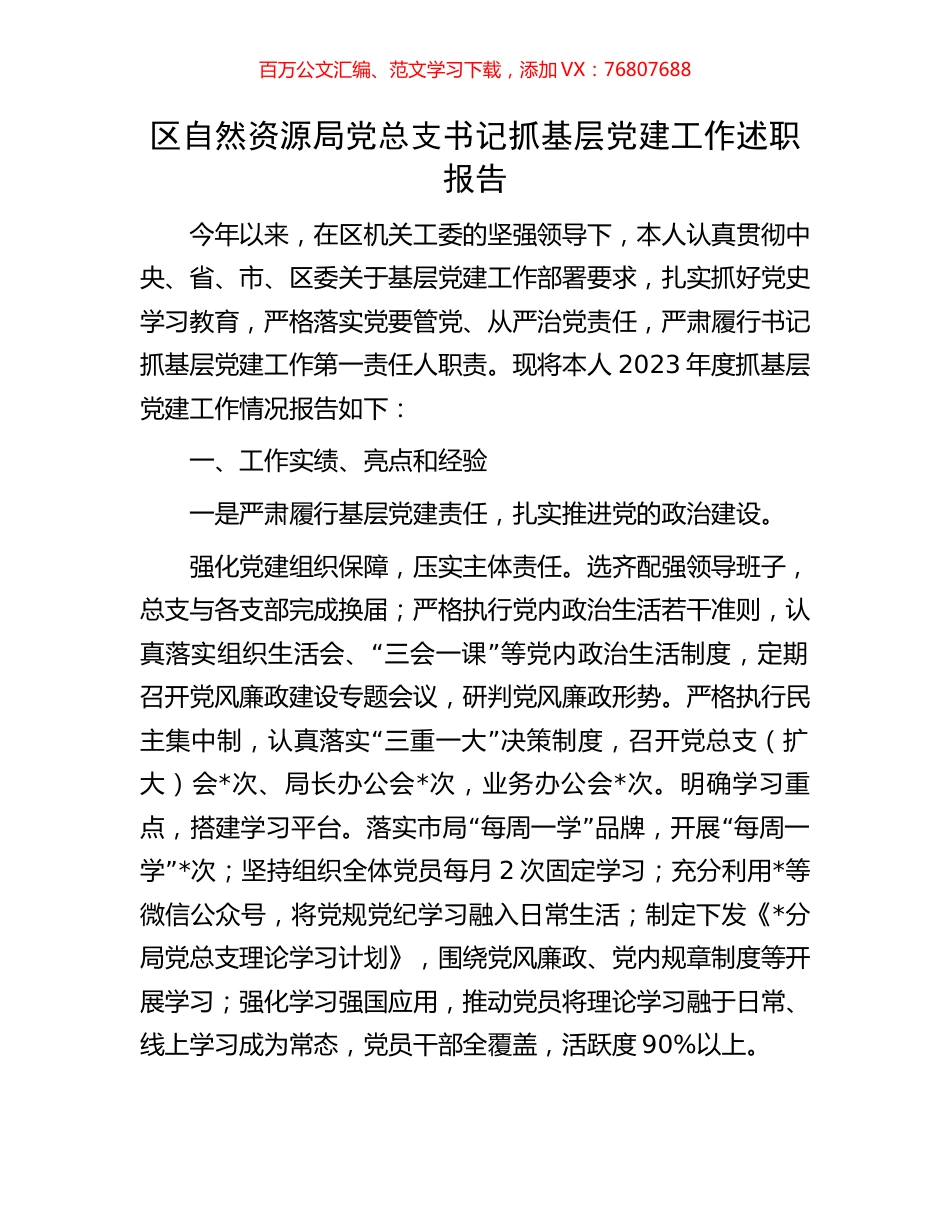 区自然资源局党总支书记抓基层党建工作述职报告.docx_第1页