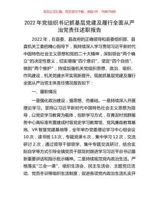 2022年党组织书记抓基层党建及履行全面从严治党责任述职报告.docx