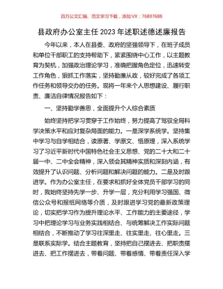 县政府办公室主任2023年述职述德述廉报告.docx