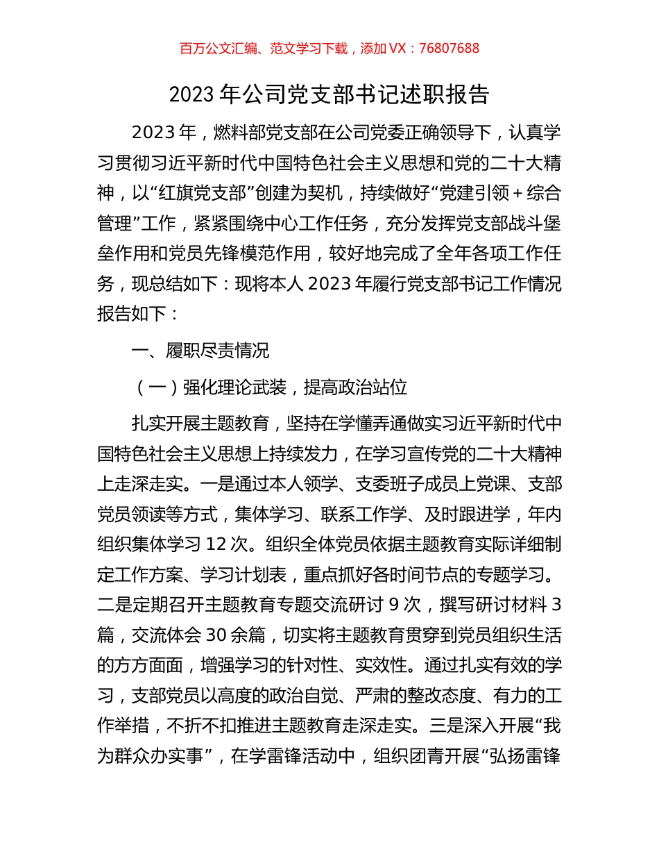2023年公司党支部书记述职报告.docx_第1页