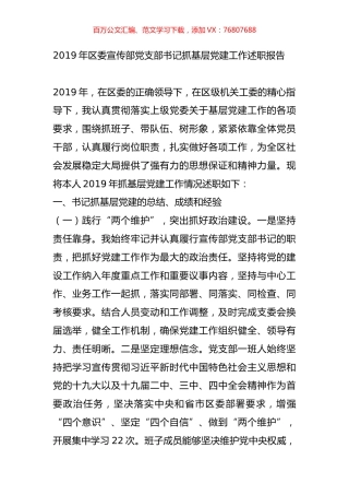 2019年区委宣传部党支部书记抓基层党建工作述职报告.docx