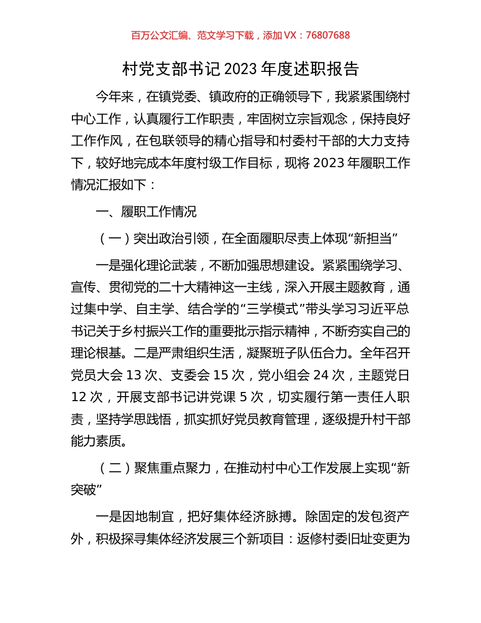 村党支部书记2023年度述职报告.docx_第1页