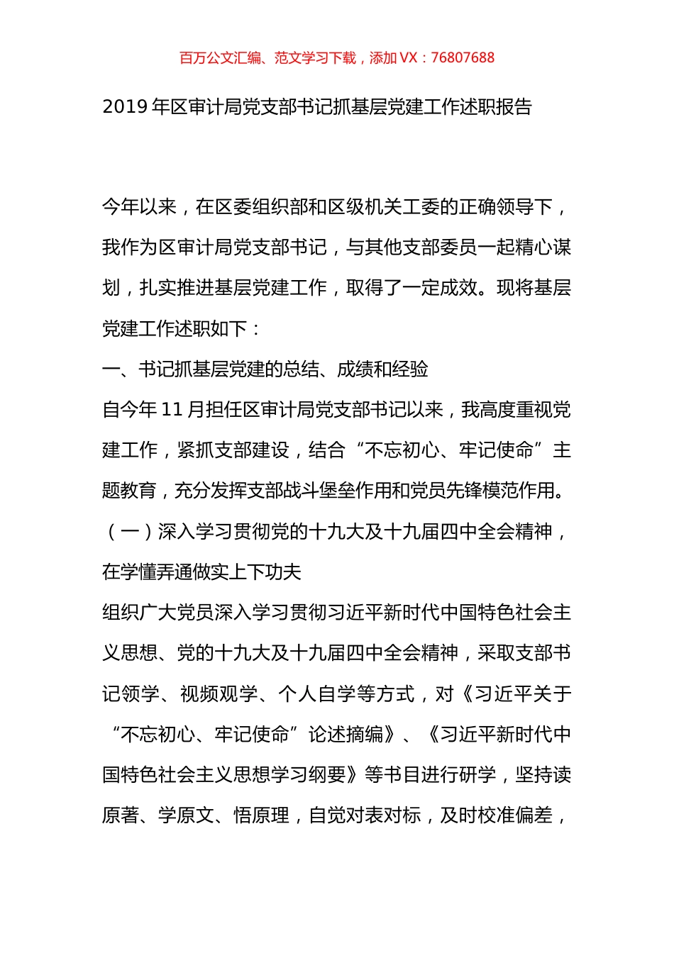 2019年区审计局党支部书记抓基层党建工作述职报告.docx_第1页