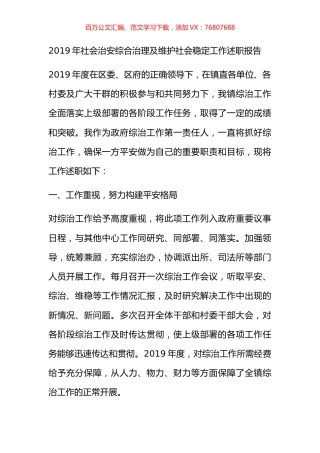 2019年社会治安综合治理及维护社会稳定工作述职报告.docx