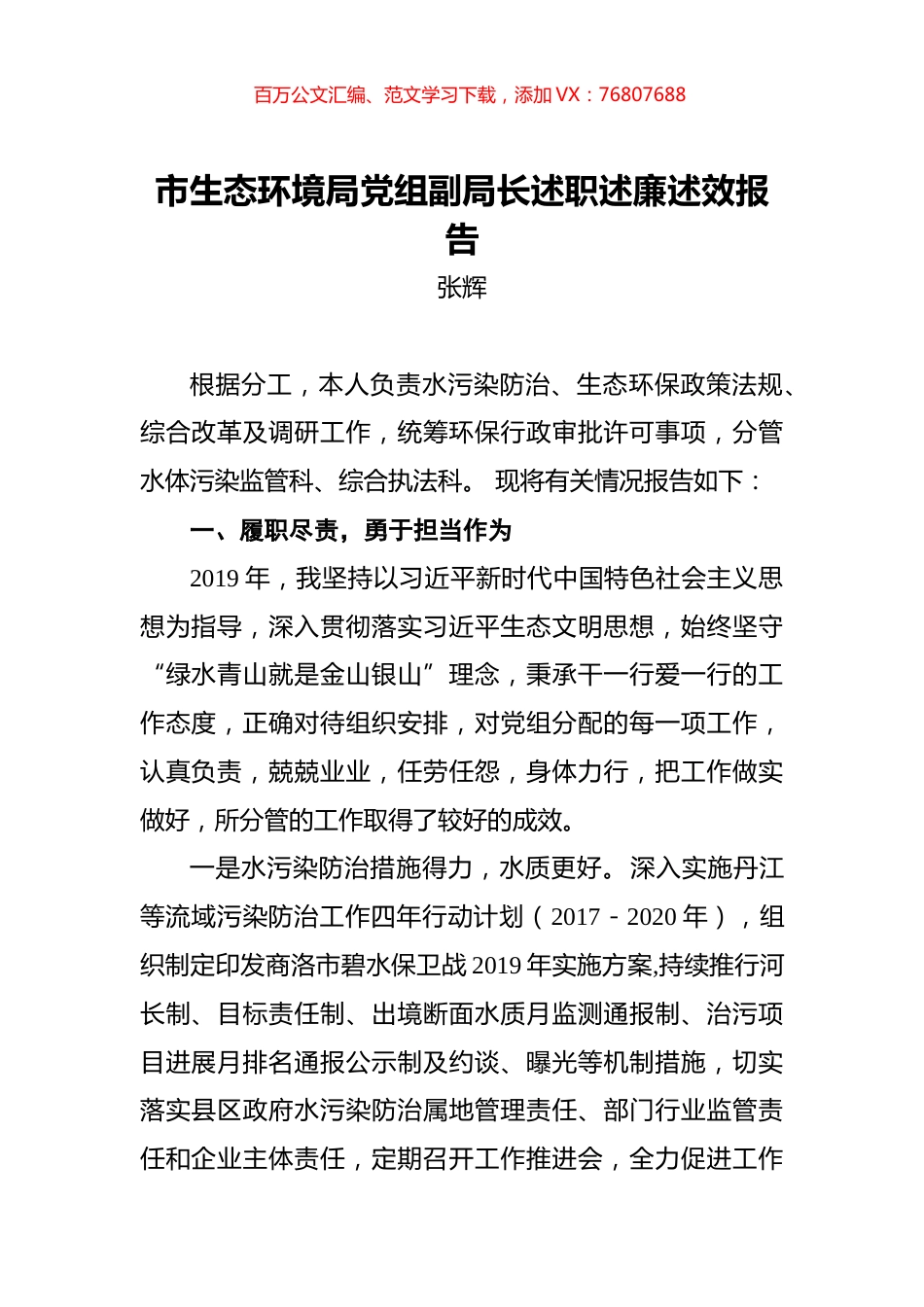 张辉：市生态环境局党组副局长述职述廉述效报告.docx_第1页
