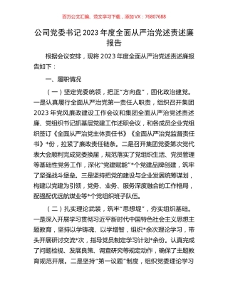 公司党委书记2023年度全面从严治党述责述廉报告.docx